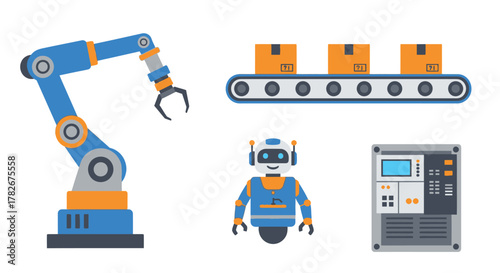 Automated factory scene featuring robotic arms conveyor belt and a robot