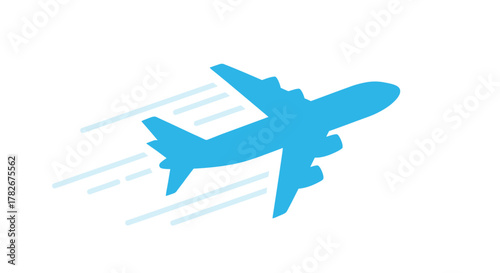 A simple blue airplane icon soaring through the sky with speed lines