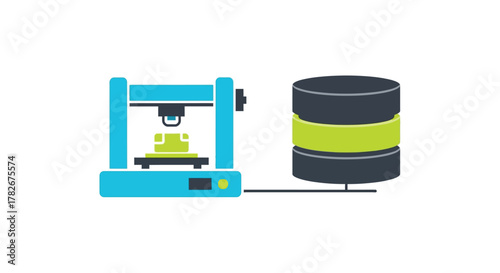 3d printer creating an object connected to a data server