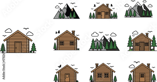 Wooden cabin icon set, forest and mountain scenes, nature house collection, flat vector illustration for travel, outdoor, peaceful, decorative design