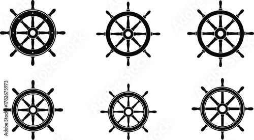 Ship wheel icon set, nautical steering symbols, marine helm collection, flat vector illustration for sailing, ocean, vintage, travel, decorative design