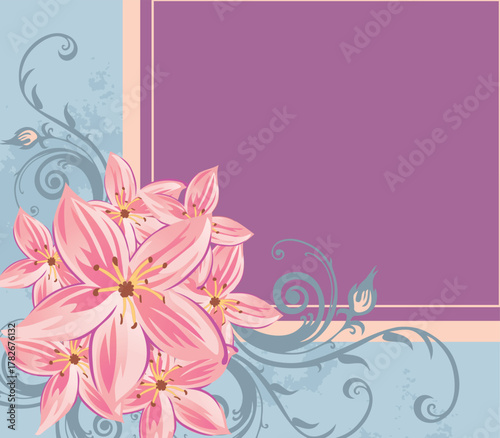 Pink abstract floral pattern background with spring flowers, leaves, and a butterfly decoration
