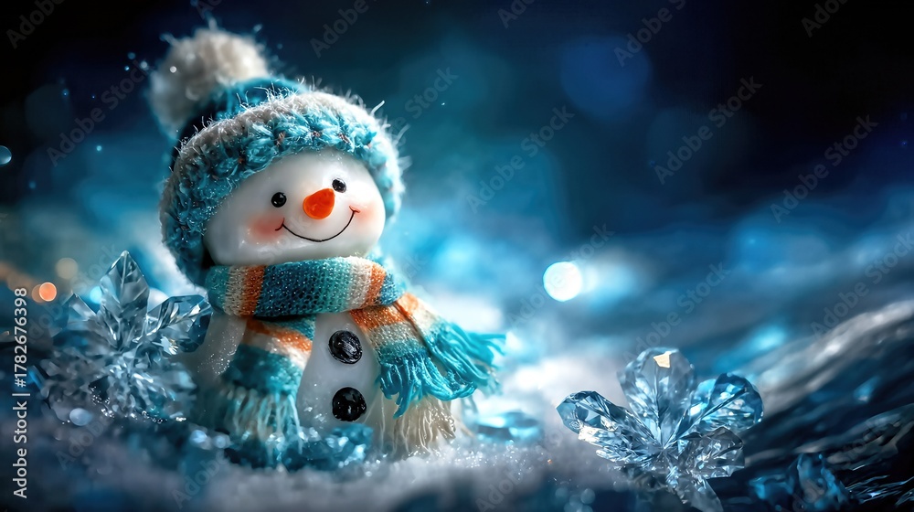Obraz premium Cute snowman in winter scarf and hat on snowy background with warm holiday lights