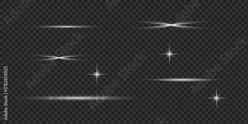 White light effects set: lens flares, sparkling stars, and streaks