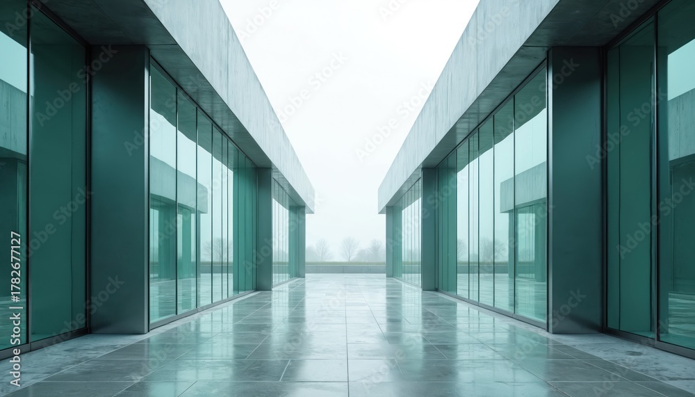 Fototapeta premium Modern minimalist architectural hallway features concrete walls, teal glass panels. Empty outdoor passage reflects clean lines, suggesting future tech, innovation. Grey hazy sky visible over bare