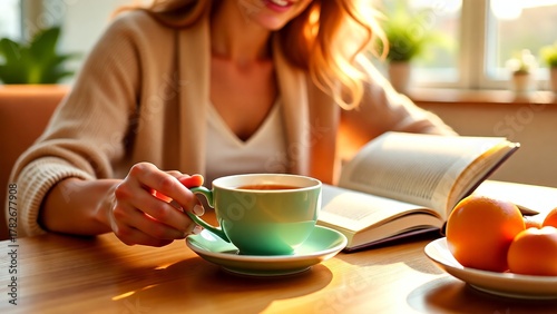 A young woman enjoys a warm cup of tea and an open book, surrounded by the comfort of her home and the gentle glow of natural light, creating a peaceful and inviting scene