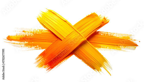 Two overlapping, textured, yellow and orange paint strokes forming an 