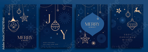 Set of luxury Christmas vector illustration with golden Christmas elements on blue background. Season's greeting design for banner, poster, cover, greeting card.

