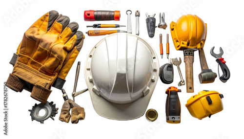 Assortment of construction tools, safety gear, and protective equipment against a black backdrop