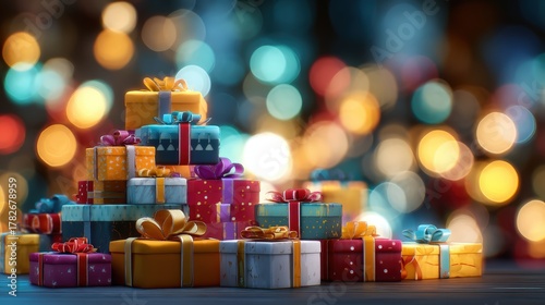 A stack of presents with a red bow on top