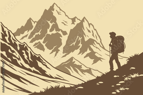 Silhouette of a hiker ascending a mountain path, reaching towards majestic peaks and the great outdoors
