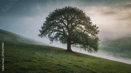 Solitary majestic tree stands tall on a misty green hillside