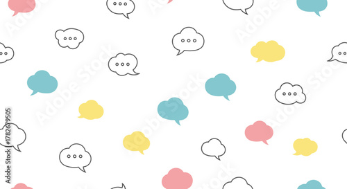 A repeating pattern of colorful speech bubbles scattered across a white background.