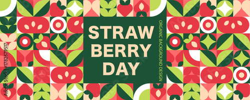 Strawberry day, fruits geometric seamless pattern. Mosaic eco banner. Block and retro abstract