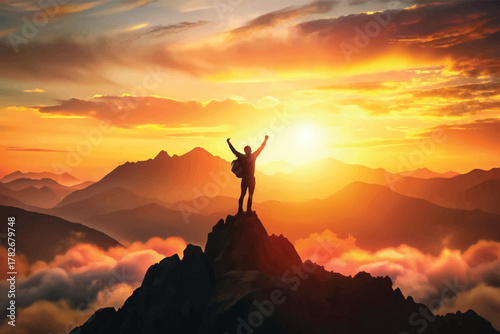 Reaching New Heights Celebrating Victory atop Majestic Mountains at Sunrise with a Stunning View
