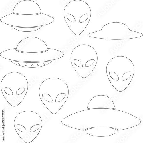 group of black Line-art featuring UFOs and alien heads