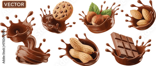 Chocolate Splash with Cookies, Nuts, and Bars for Dessert Branding, Sweet Food Design, Confectionery Packaging, and Vector Culinary Illustration