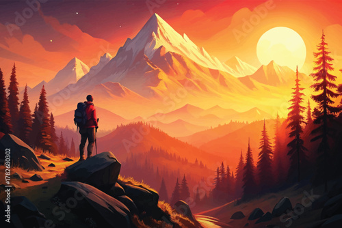 Awe-inspiring view of hiker standing on a rock overlooking a mountainous sunset landscape