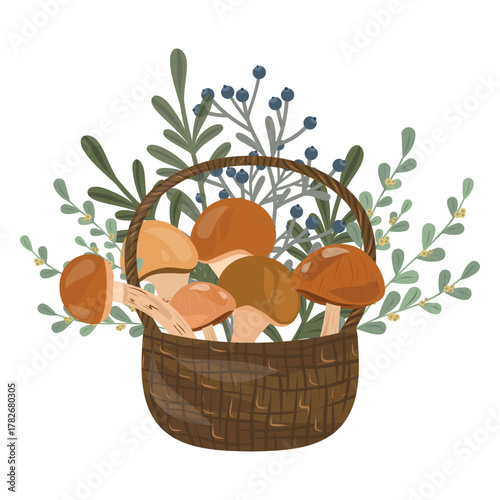 Basket with mixed mushroom and berry twigs vector illustration