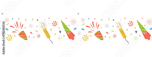 Party confetti, firecrackers border. Holiday, Festive Hand drawn vector illustration. Seamless banner for holiday design, wallpaper, decoration, packaging, fabric, postcards