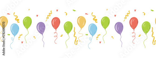 Balloon border. Holiday, Festive Hand drawn vector illustration. Seamless banner for holiday design, wallpaper, decoration, packaging, fabric, postcards