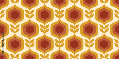 Retro seamless pattern with flowers. Vintage geometric background. Groovy abstract floral vector wallpaper. 70s modern trendy print for fabric and textile.