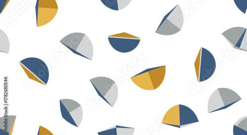 Abstract geometric pattern featuring semi-spheres in blue, yellow, and gray tones against a white background.