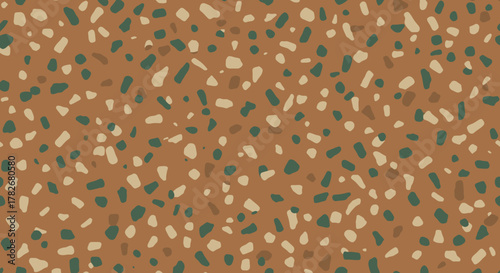 Abstract brown background with scattered irregular shapes in various colors.