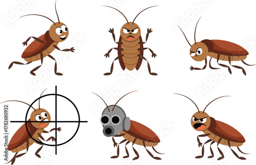 cockroach characters with expressive poses and emotions for pest control ads, comics, kids’ education, and vector design