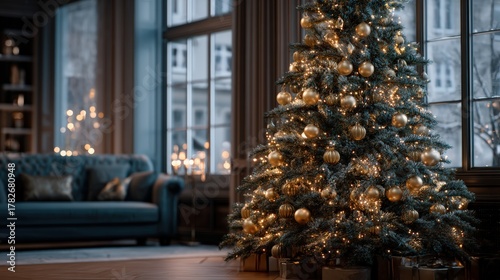 A large Christmas tree with gold ornaments sits in a living room