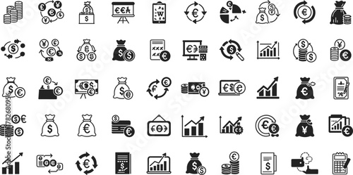 Currency exchange icons, money bag, dollar euro yen symbol, finance, economy, investment, banking, forex, profit, business growth