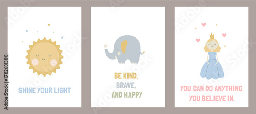 A set for babies with cute posters for a child's room. A baby elephant, a princess, and the sun.