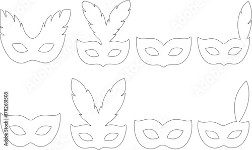 set of carnival mask Line-art featuring a festive mix of feathered and simple styles in bold black fill on a clean white background