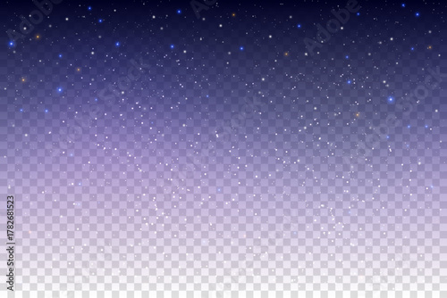 Starry night sky background with transparent effect. Vector galaxy with dust of glitter. Christmas universe with golden particles and magic constellations. Dreamy decoration with shiny sparkles.