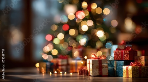 A stack of presents is on a table