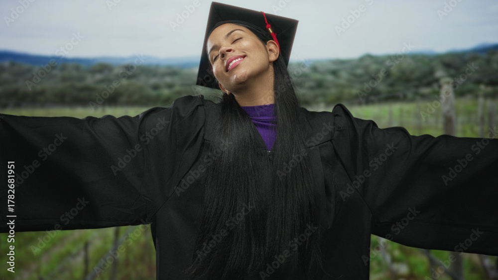 Naklejka premium Young latina woman in black graduation gown and mortarboard with red tassel spreads arms in green countryside field; academic achievement pride.