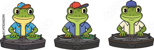 Cool cartoon frog DJ mixing music on turntables, funny amphibian character illustration, nightlife party concept, creative entertainment design