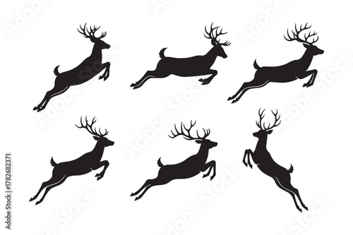 Canvas Print Set of deer silhouette icons in various poses with large antlers isolated on white background