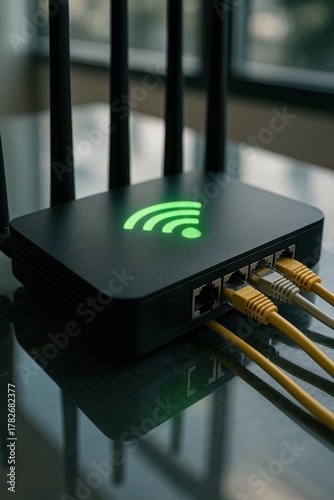 Illuminated router with cables connected, placed on glass surface indoors.