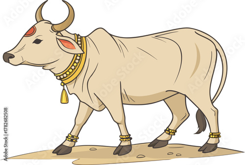Elegant illustrated Indian cow adorned with traditional golden jewelry, featuring a bindi mark, symbolizing sacredness and cultural significance in a pristine white background