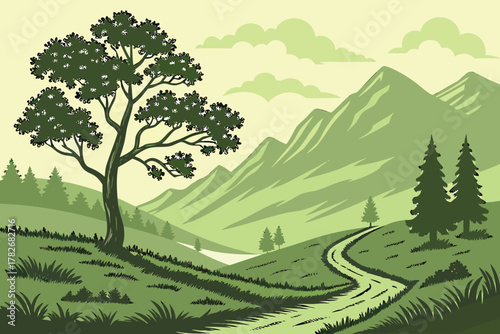 A picturesque country scene with a large tree on a hill overlooking a winding road and distant mountains