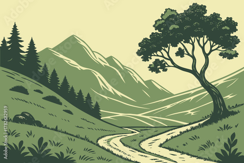 Serene Mountain Landscape Illustration with Trees and Winding Path
