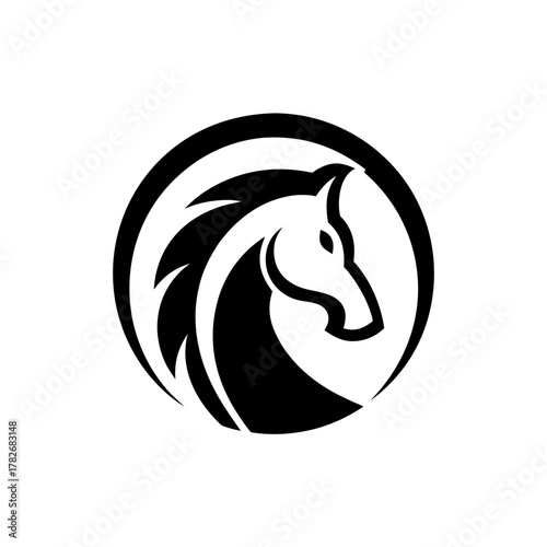 Stylized horse head inside a circle black and white on transparent background