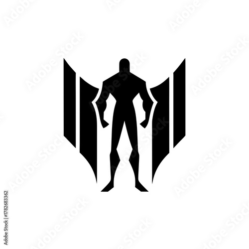 Silhouette of a superhero with wings and shield shape on transparent background
