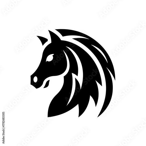 Stylized black horse head profile with flowing mane on transparent background