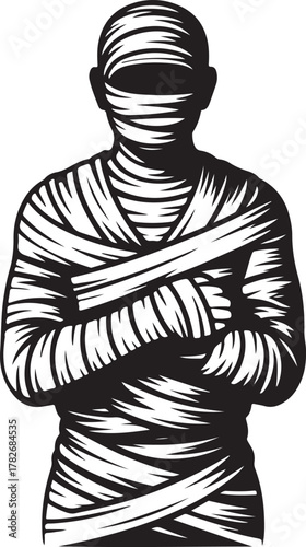 Ancient mummy character with crossed arms and white bandages design Vector