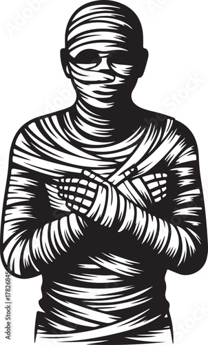 Stylized bandaged mummy figure with crossed arms and sunglasses Vector