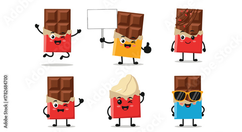 Cute animated chocolate bars characters in various fun poses enjoying life.
