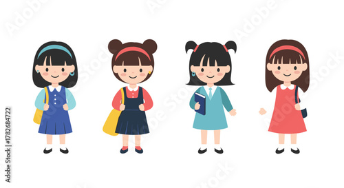 Four little cartoon girls in dresses and school bags standing together.