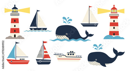A charming collection of nautical elements including lighthouses sailboats and whales.